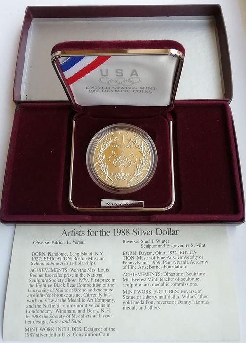 США 1 долар 1988р. (D) СРІБЛО. Олімпійські ігри в Сеулі. Сертифікат.