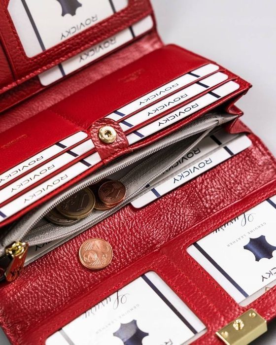 duży, skórzany portfel damski na zatrzask z systemem rfid - rovicky