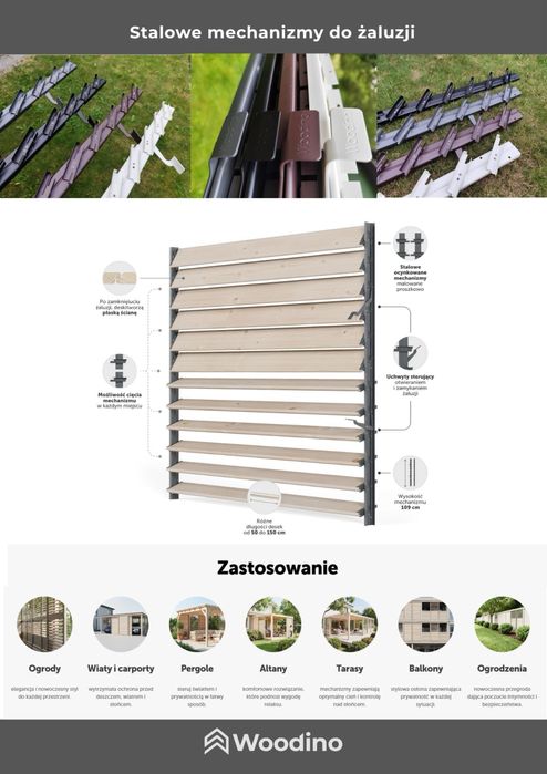 System żaluzji 109 cm, ruchome deseczki, metalowy. Stalowy mechanizm
