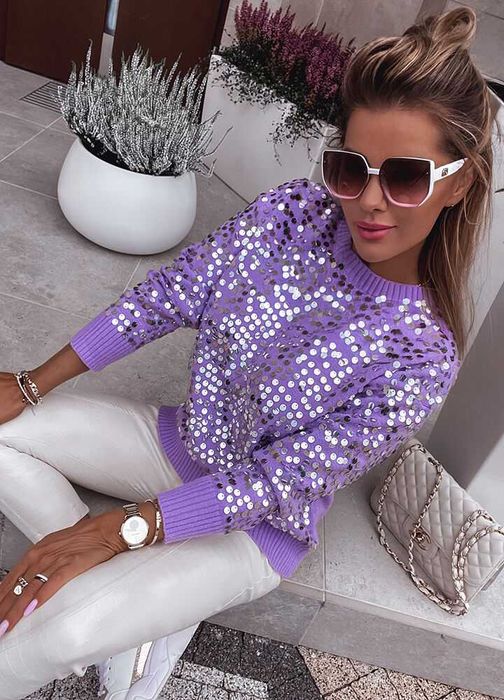 Sweter Lawendowy Zdobiony Cekinami Piękny