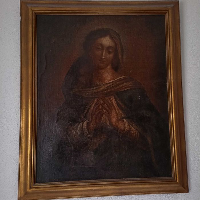 Quadro em tela pintada à mão com imagem religiosa