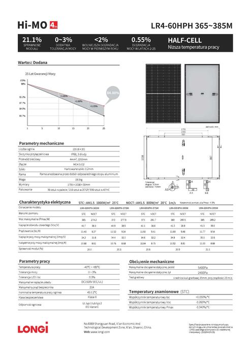 Panele Fotowoltaiczne Longi Solar 375W LR4-60HPH-375M Czarna Rama 35mm