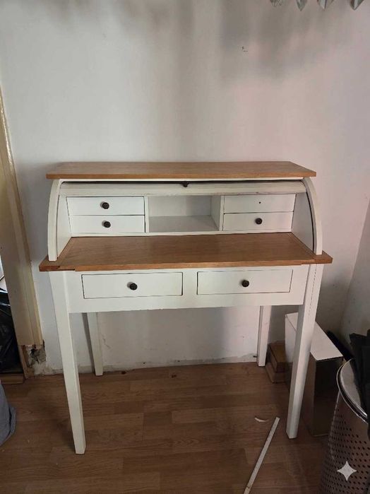 Stylowy sekretarzyk z roletą | Biurko vintage białe drewno PRL