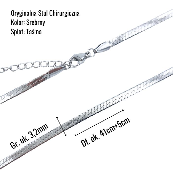 Łańcuszek Srebrna Taśma 41cm + 5cm / 3,2mm - Stal chirurgiczna