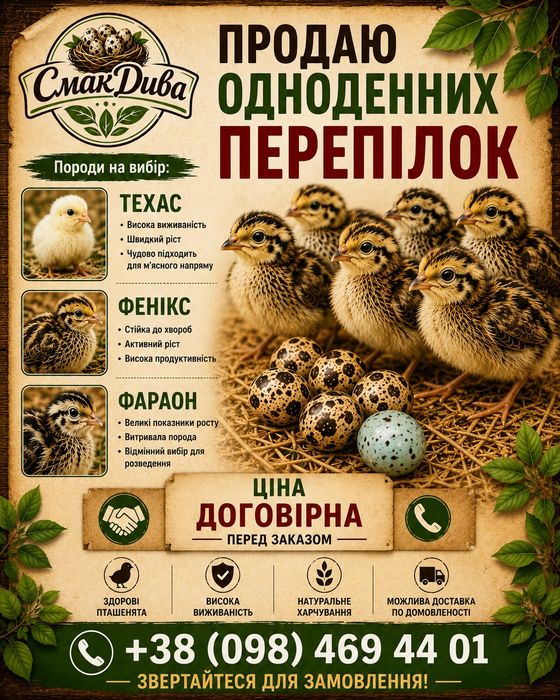 Перепела добові. ТЕХАС, ФЕНІКС, ФАРАОН. Якісний вивід.