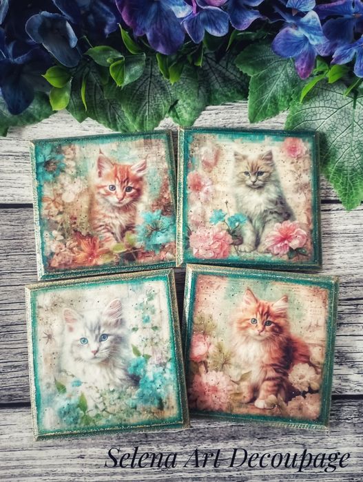 Ozdobne podstawki Magiczne Kotki vintage farmhouse shabby decoupage