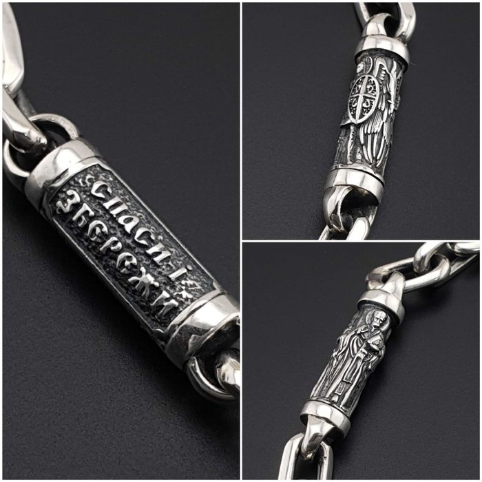 Чоловічий срібний браслет якірний зі вставками святих Цепочка на руку