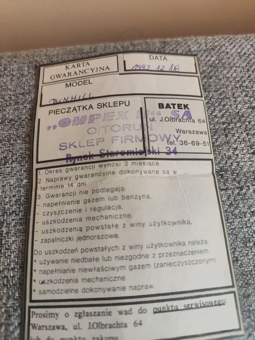 Zapalniczka Dunhill oryginalna + pudełko + gwarancja 1992 kolekcjoners