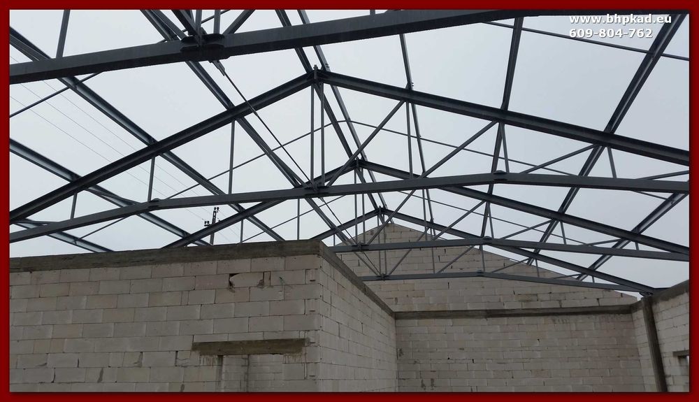 Wiązary dachowe. Magazyn. 16x50m. Dach stalowy. BHP KAD. Bartoszyce.