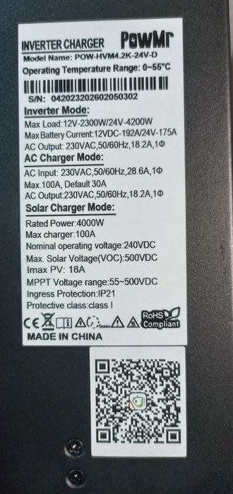 Гібридний інвертор PowMr 4,2kw 24v. 2.3 kw 12v Wi-Fi