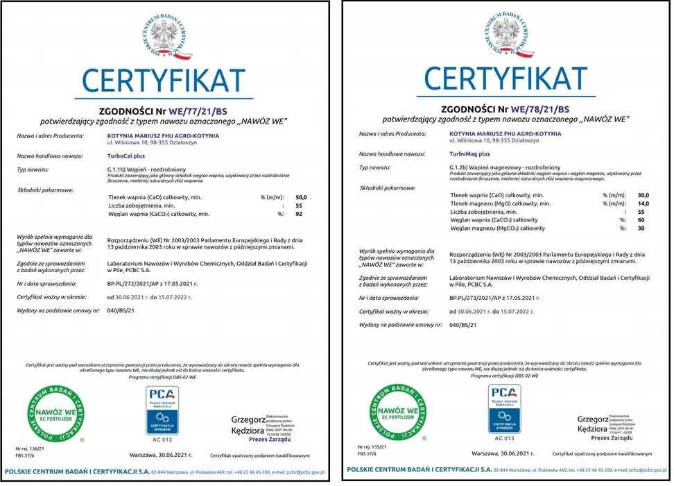 Wapno granulowane Turbocal oraz magnezowe Czarna Kreda 06a