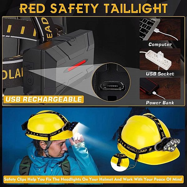 Latarka Czołowa Led Usb 90° Wodoszczelna Ipx4, Dużej Mocy 18000 Lm 8 T