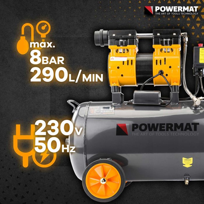 KOMPRESOR BEZOLEJOWY 50L Sprężarka 8 BAR 290l/min 230V  Cichy 59dB