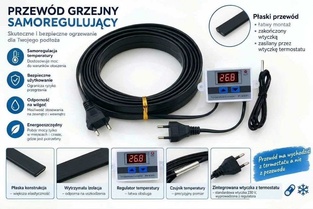 Przewód grzewczy samoregulujący 10m z termostatem