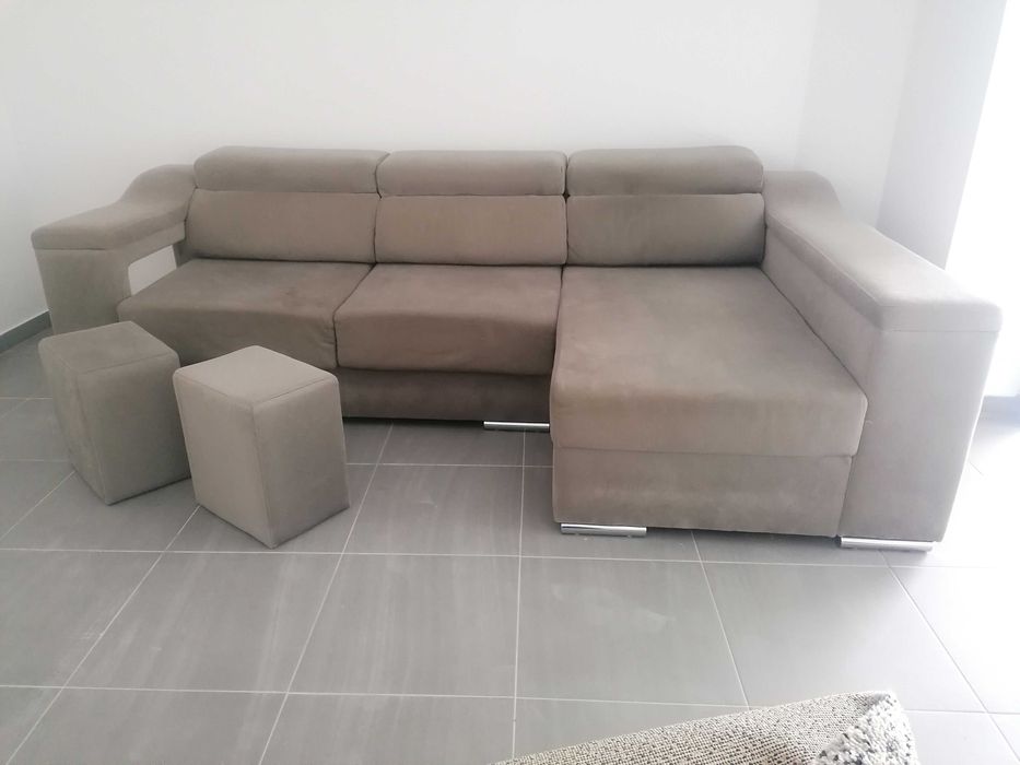 Sofá Chaise Long Cinza Rato | 5 Lugares + 2 | Bom Estado