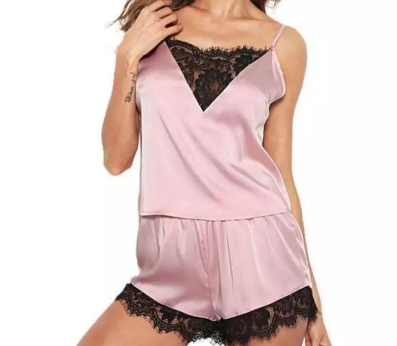 Różowa satynowa piżama piżamka damska koronka s xs