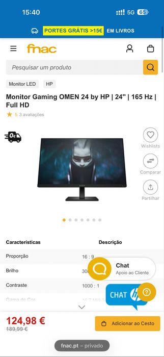 Monitor Gaming Omen 24” como novo
