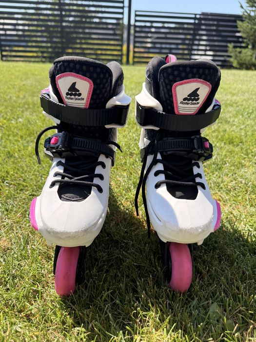 Rolki Rollerblade Apex – dziecięce, 4 kółka, biało-różowe