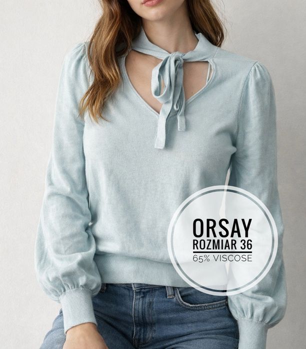 Sweter niebieski wiązany pod szyję dekolt w serek