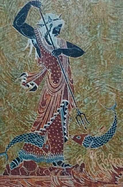 Картина,панно.Посейдон  морской бог и Одиссей .Античный стиль.Греция.