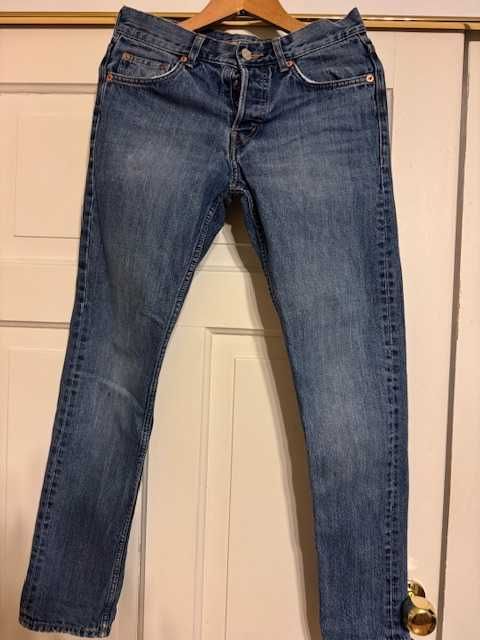 Jeansy męskie w28 L32 granatowe z przetarciami  bawełna Weekday