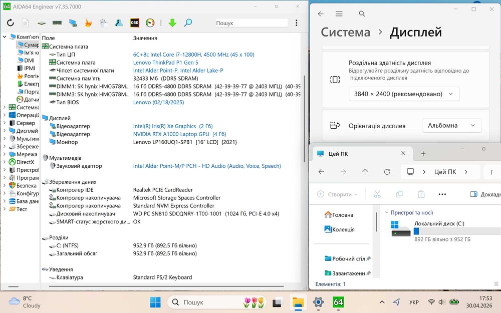 2024p. Lenovo ThinkPad P1 Gen5  Intel® і7 _1000gb SSD_ 4K дисплей_ 32gb DDR5_ Nvidia_ 97% Батарея