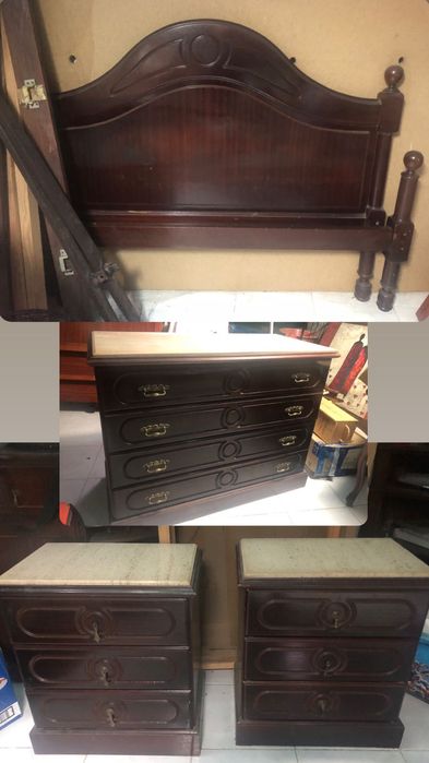 Mobília de quarto de casal em mogno e mármore - Ideal para restaurar