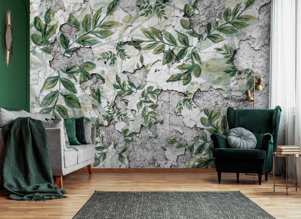 Fototapeta Boho Liście Beton Ściana Loft 3D Twój Rozmiar + KLEJ