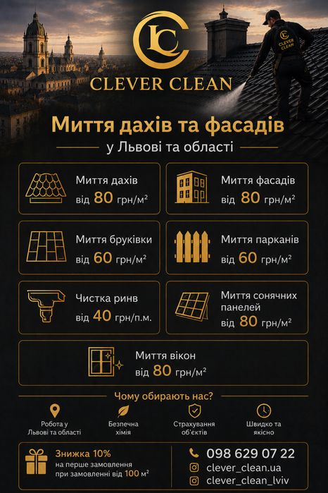Миття фасадів Львів | Дахи | Бруківка | Вікна