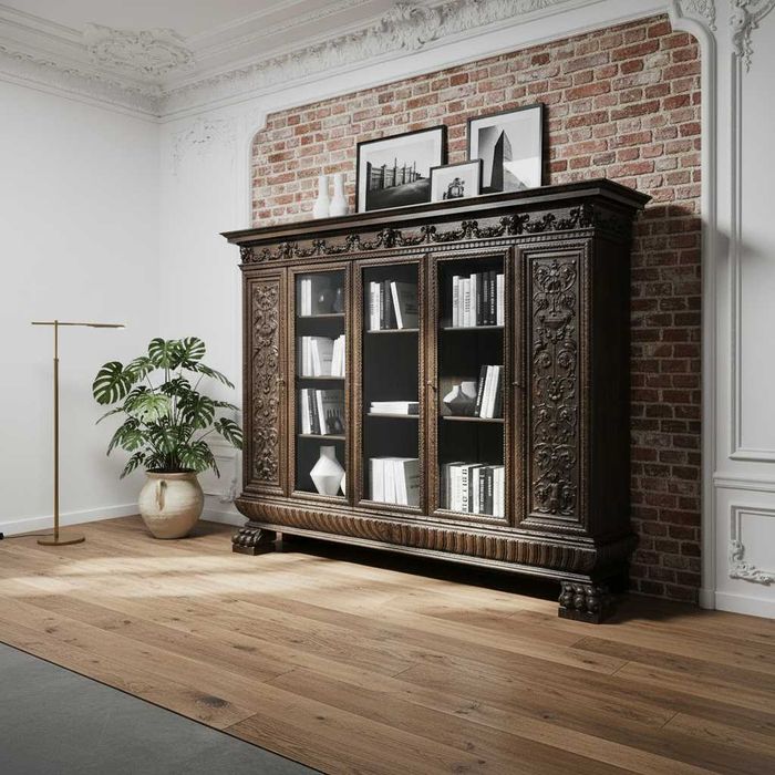 Drewniana BIBLIOTEKA DĘBOWA neorenesans rzeźbione lwie łapy LATA 40.