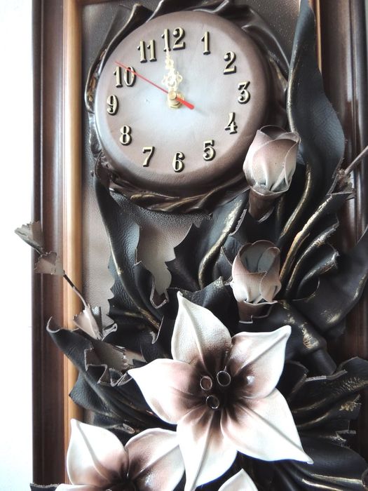 Obraz + zegar ze skóry - rękodzieło na prezent + GRAWER