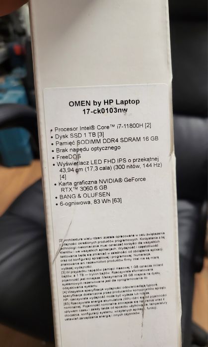Laptop HP Omen 17-CK0103NW 17.3"  i7-11800H 16GB RAM 1TB SSD RTX3060