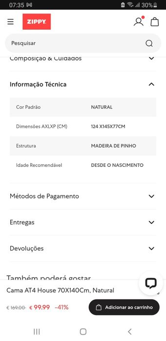 Cama de bebê , natural em madeira pinho