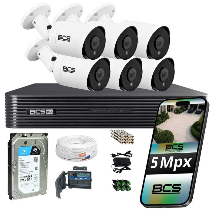 BCS zestaw 6 kamer analogowych 5 Mpx IR 40 m rejestrator XVR dysk 1 TB