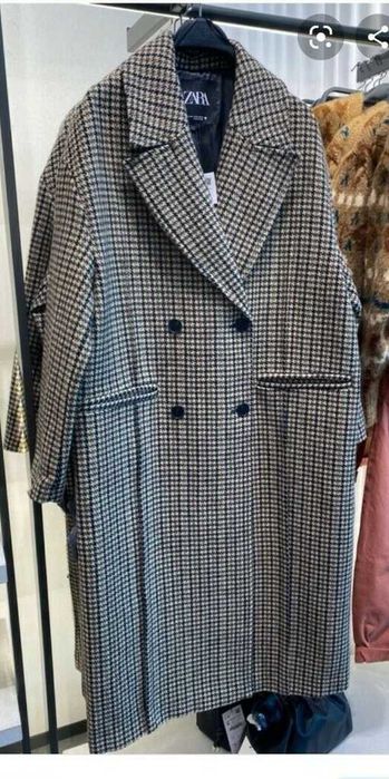 Płaszcz Zara wełna wełniany krata kratka szeroki oversize rozm XS-S