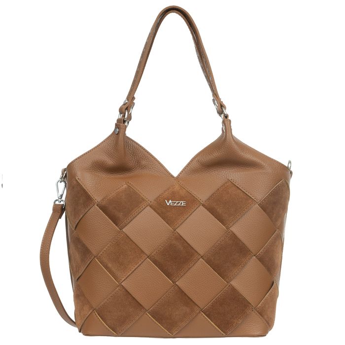 VEZZE torebka damska skórzana shopper pleciona z paskiem V538 camel