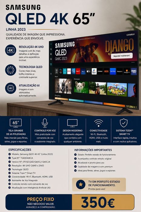 Samsung QLED 4K de 65 polegadas da linha 2023