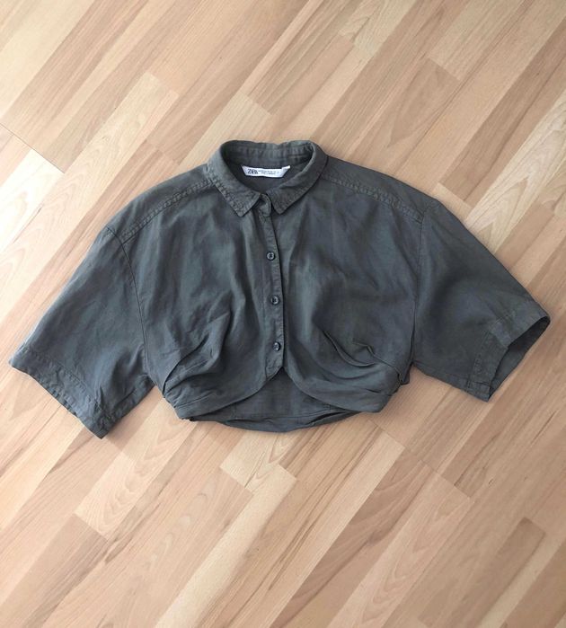 ZARA Krótka lniana koszula na guziki crop top z zaszewkami dobry skład len lyocell