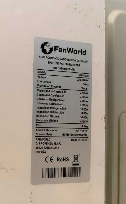 Ar condicionado FanWorld Unidade Interior + Exterior + Comando