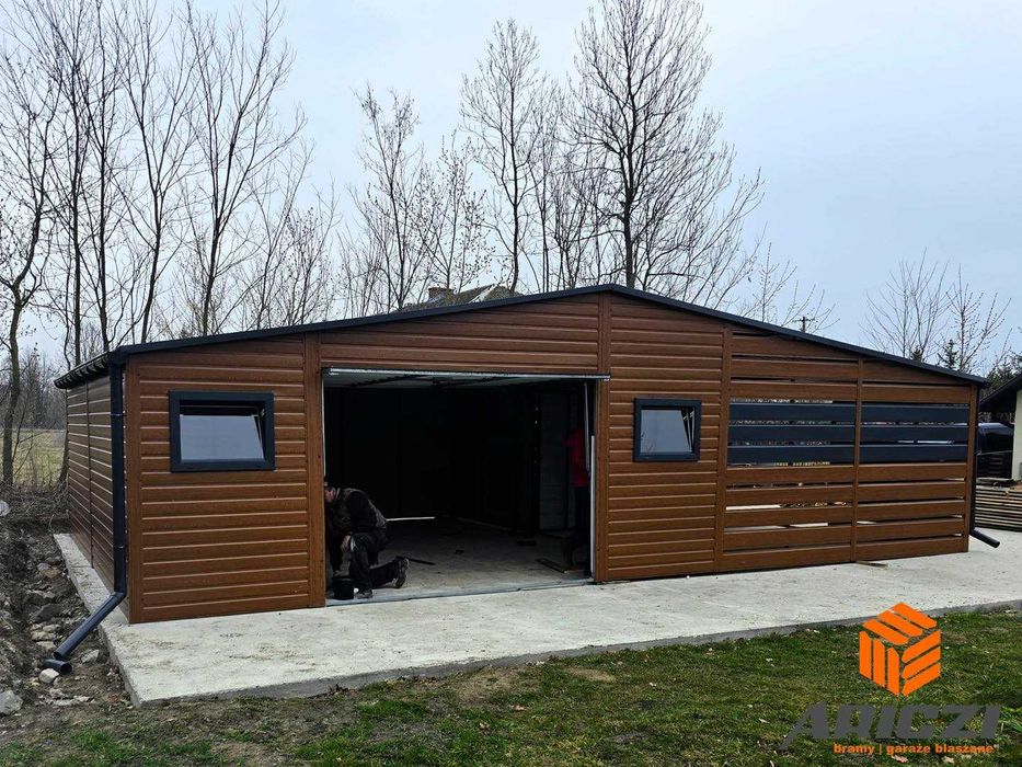 Garaż balaszany z wiatą, schowek magazynek, konstrukcja stalowa 6x6 + 4x6