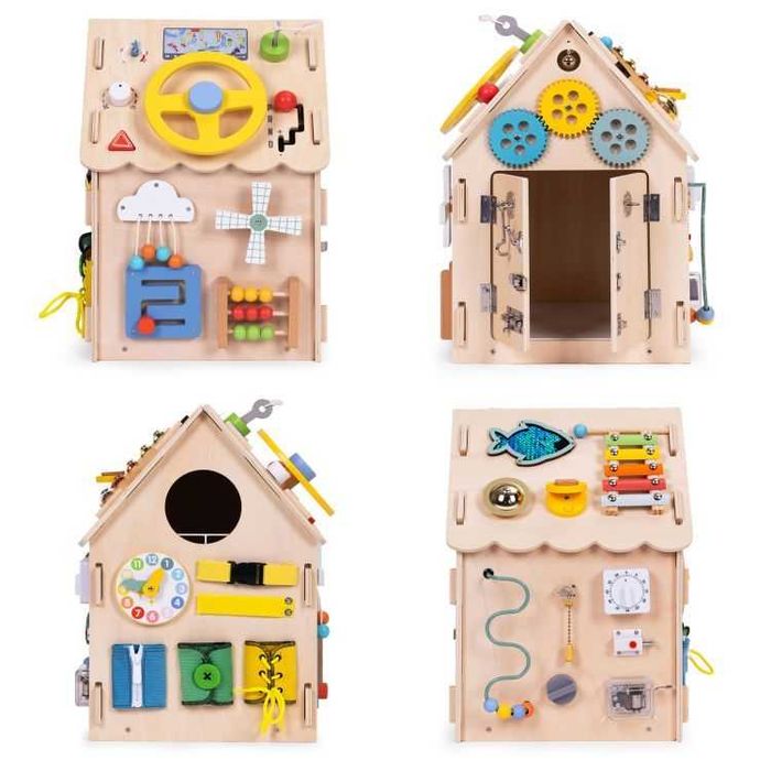 Drewniany domek manipulacyjny dla dzieci panel edukacyjny XXL 30 ele