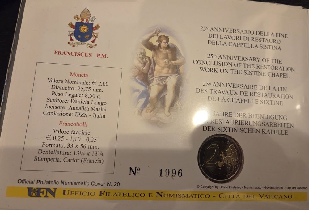 Moeda 2 Euros Aniversário Restauro da Capela Sistina Vaticano 2019