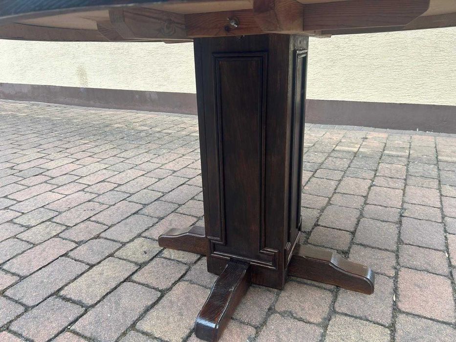 Drewniany stół okrągły na jednej nodze | Vintage lata 70 | 128 cm