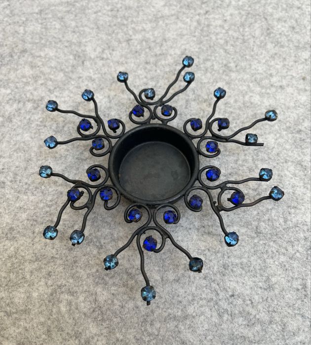 Castiçal Solitário Porta-Vela Lamparina em Ferro Forjado com Cristais