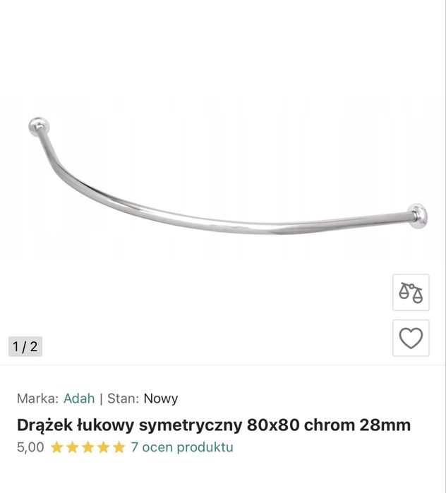 Nowy drążek łukowy prysznicowy, 80x80, fi 28