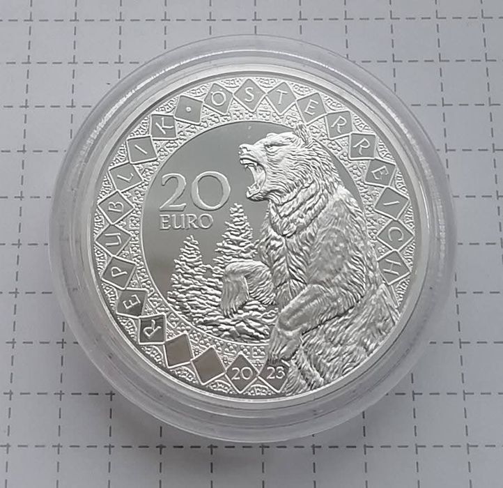 Австрія 20 євро 2023р. СРІБЛО.ПРУФ. Цілюща сила ведмедя. Сертифікат.