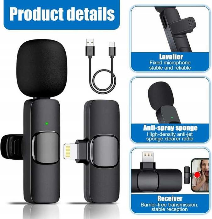 Bezprzewodowy mikrofon lavalier 2szt plug-Play do iPhone iPad [2183]