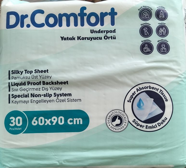 Пелюшки Dr.Comfort 60х90 см 30 шт.,вбираючі одноразові пелюшки.
