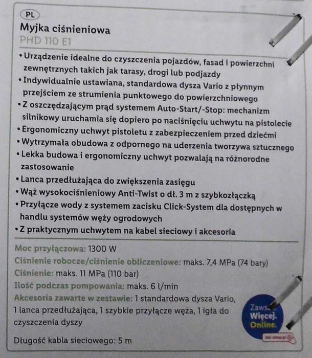 Myjka ciśnieniowa PARKSIDE PHD 110 E1 1300 Watt