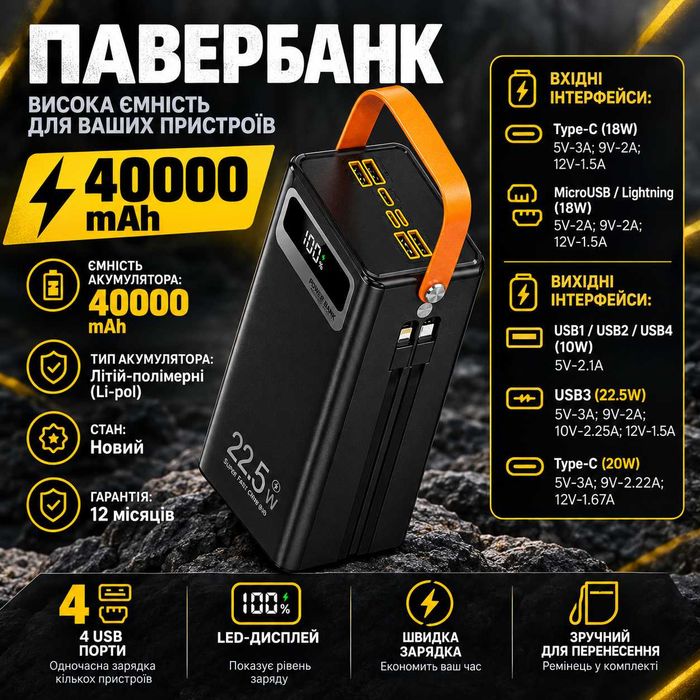 Павербанк WUW TUGII Y104 40000mAh 22.5W УМБ зі швидкою зарядкою PD/QC, 4 вбудованими кабелями, LED-дисплеєм та портами 4USB/Type-C/Lightning/Micro-USB